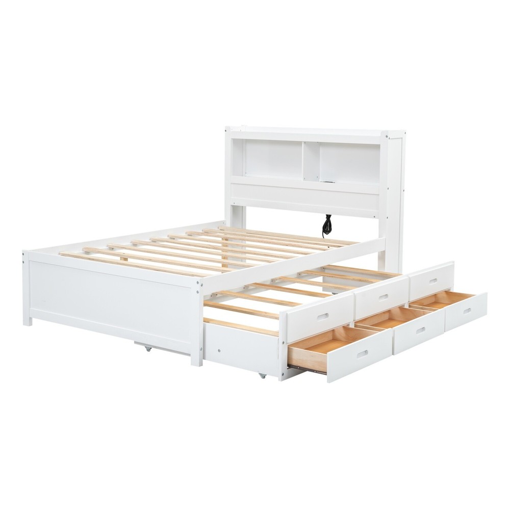 Full Size Bed Frame Wood Platform Bed with Pull Out Trundle & Drawers White/Gray