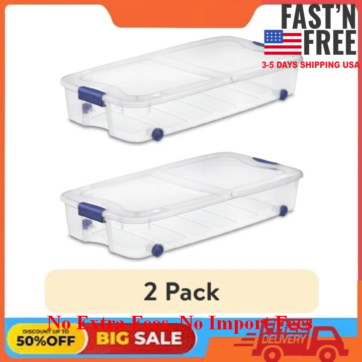 (2 pack) Sterilite Large Storage Bin 66Qt Clear Underbed Storage Container, Blue