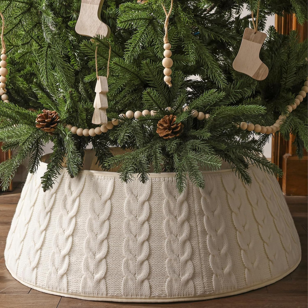 Cream White Knitted Christmas Tree Collar - Rustic Boho Base Cover Decor