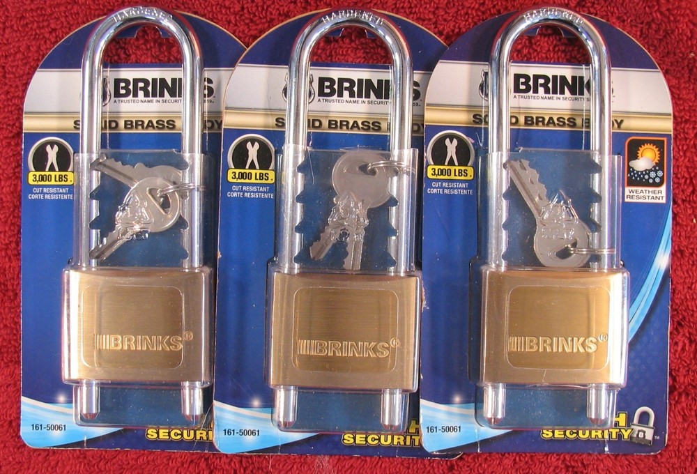 3 New BRINKS  161-50061 Hardened Solid Brass Keyed Padlock Adjustable Shackle