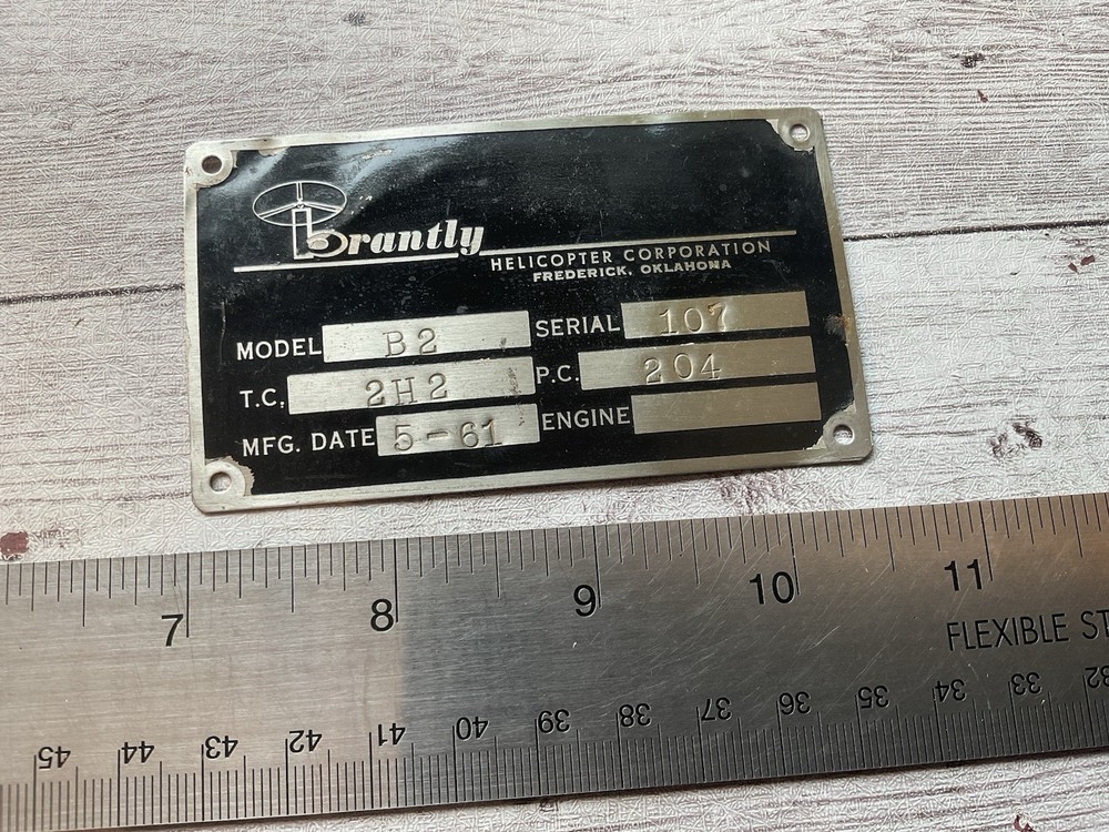 ORIGINAL 1961 BRANTLY B2 HELICOPTER DATA NAME PLATE