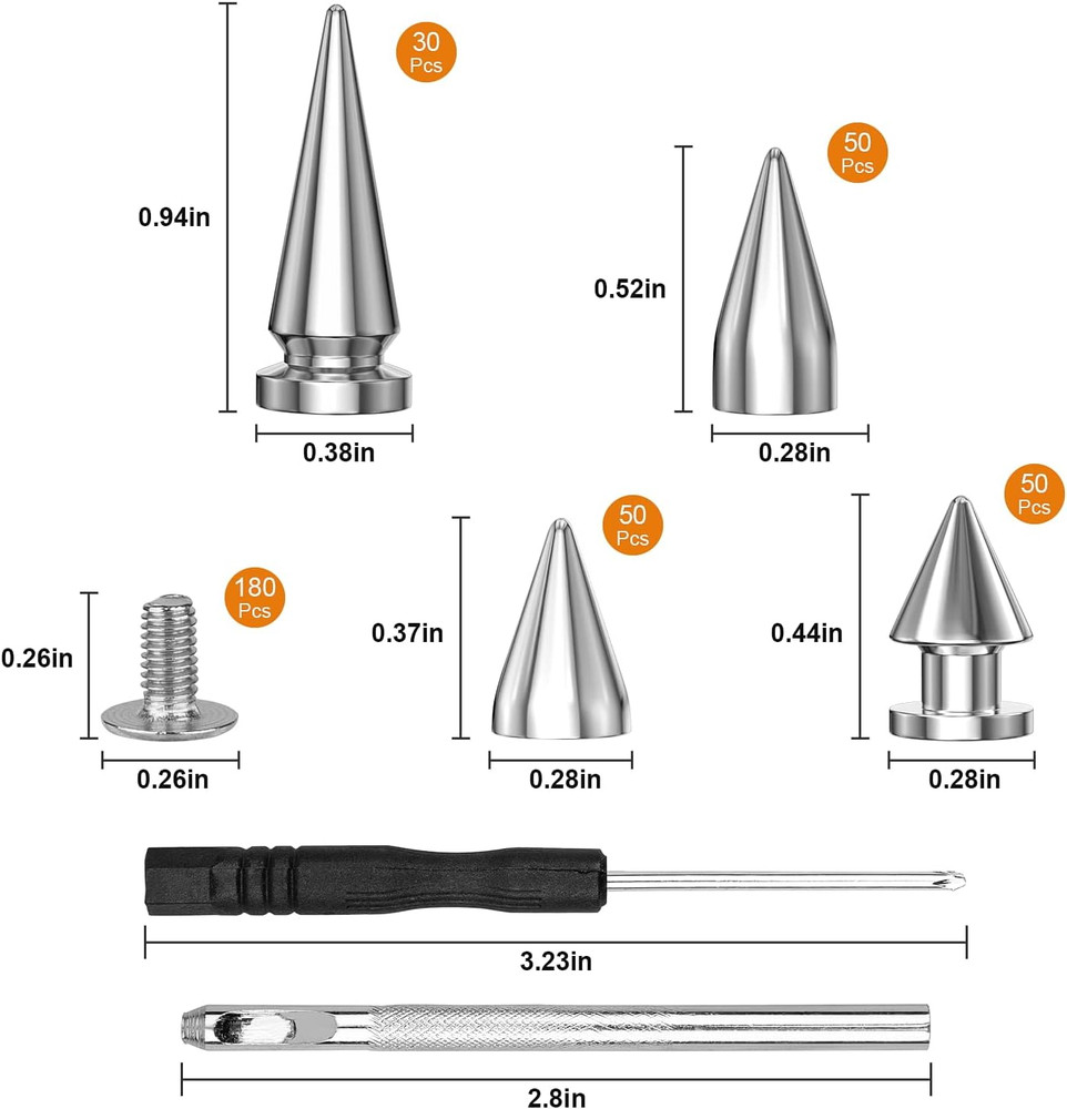 360 Pcs Punk Spikes and Studs Kit, Multiple Size Cone Spikes for Clothes, Punk R