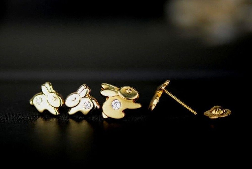 14k Yellow Gold CZ Rabbit Stud Earring