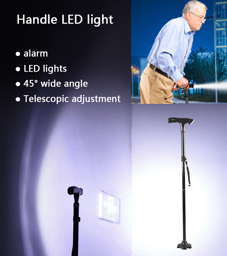 Foldable Alarm Walking Stick Extendable Adjustable Walking Cane With LED Light