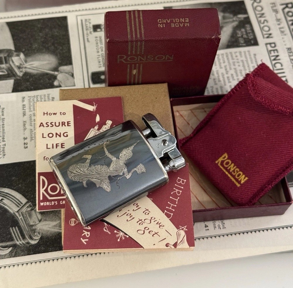 Ronson Siam Dancing Figures Sterling silver Niello lighter