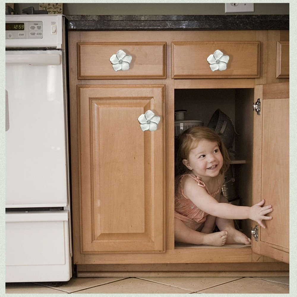 4pcs White Flower Petal Handles Kitchen Cabinet Drawer Knobs & Pulls (Silver,...