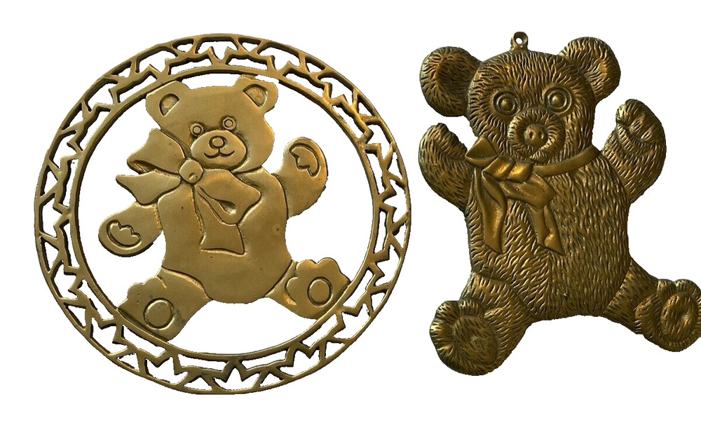 2 Vintage Solid Brass Trivets Footed Teddy Bears Gold Hanging Countertop