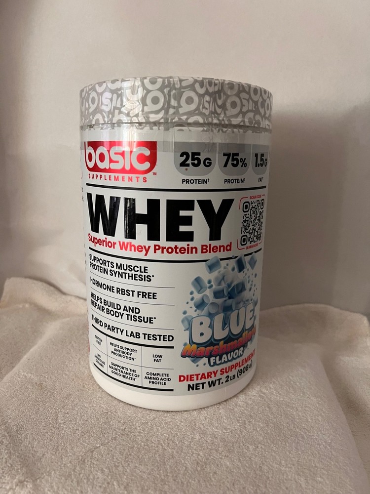 Basic Supplements Whey Protein Blend 2lbs Blue Marshmallow Flavor Exp Dec 2027