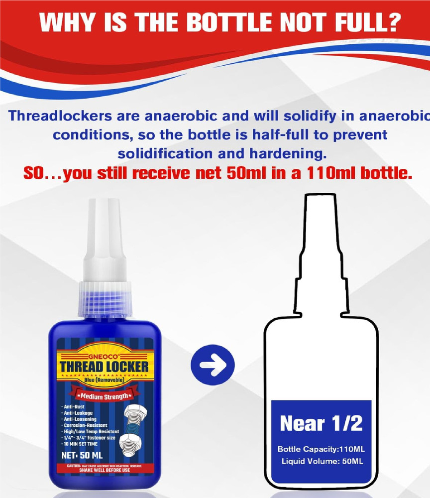 Thread Lock Blue, Threadlocker Medium Strength, Thread Locker for Nuts, Bolts,