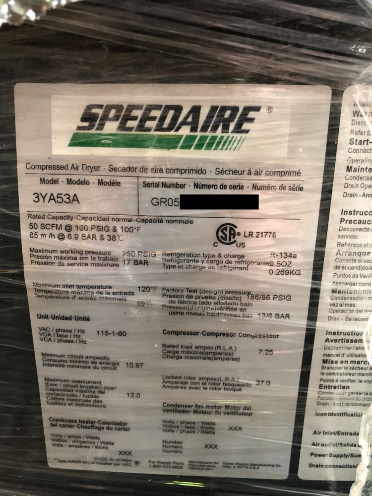 Speedaire 3YA53A Compressed Air Dryer