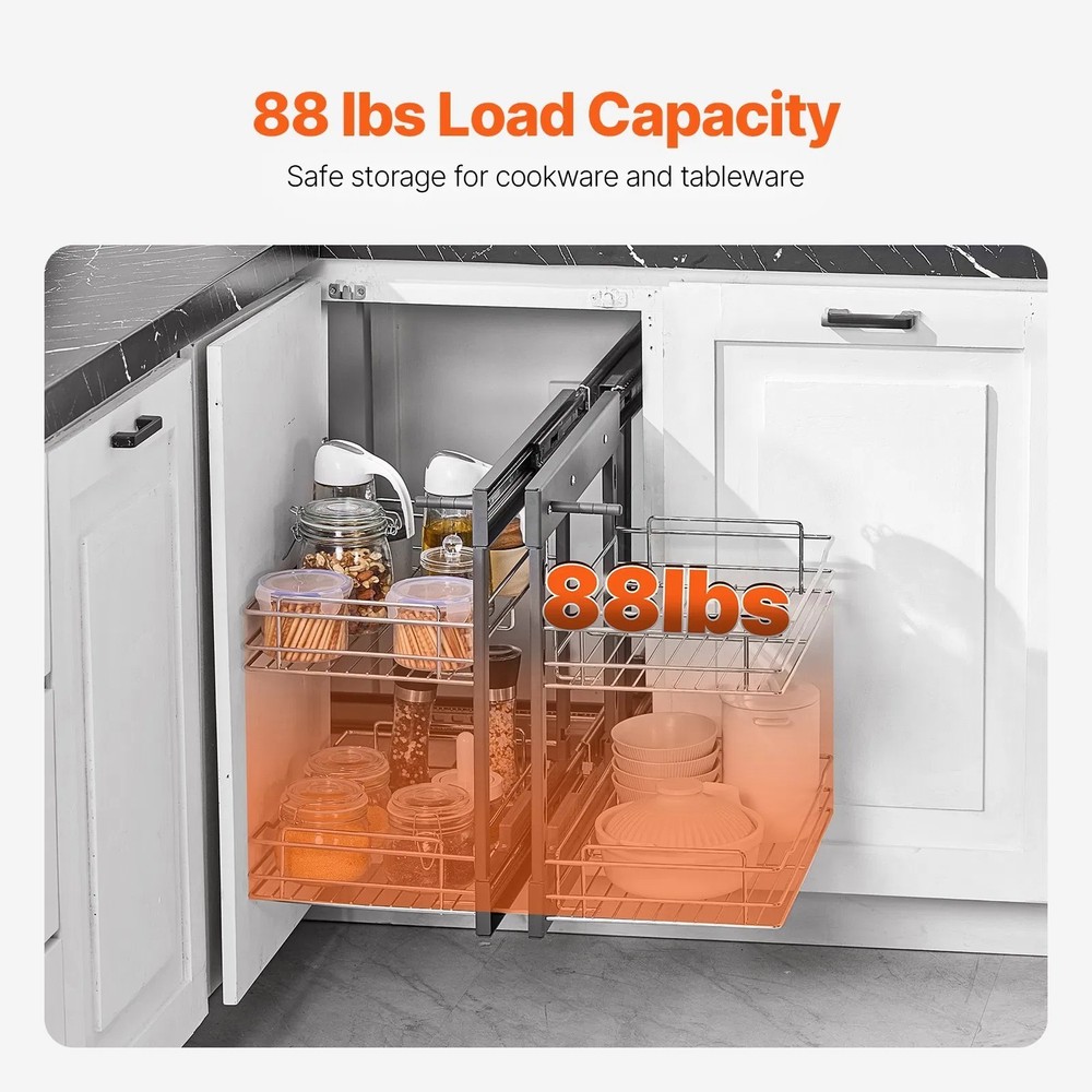 Min 15"W Opening Blind Corner Pull Out Organizer, 2 Tier 4 Shelf Kitchen Cabinet