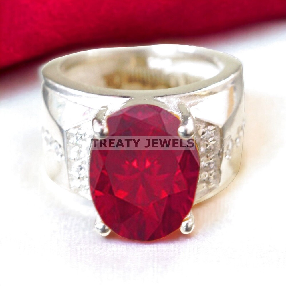 Ruby Oval Cut Gemstone With 14K Solid White Gold Ring For Men's #A520