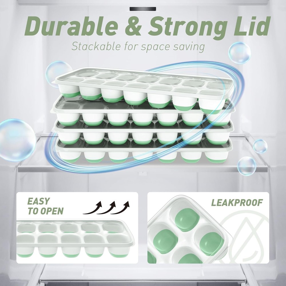 Ice Cube Tray with Lid, 2 Packs 28 Cubes Durable Stackable Ice Cube Trays for Fr