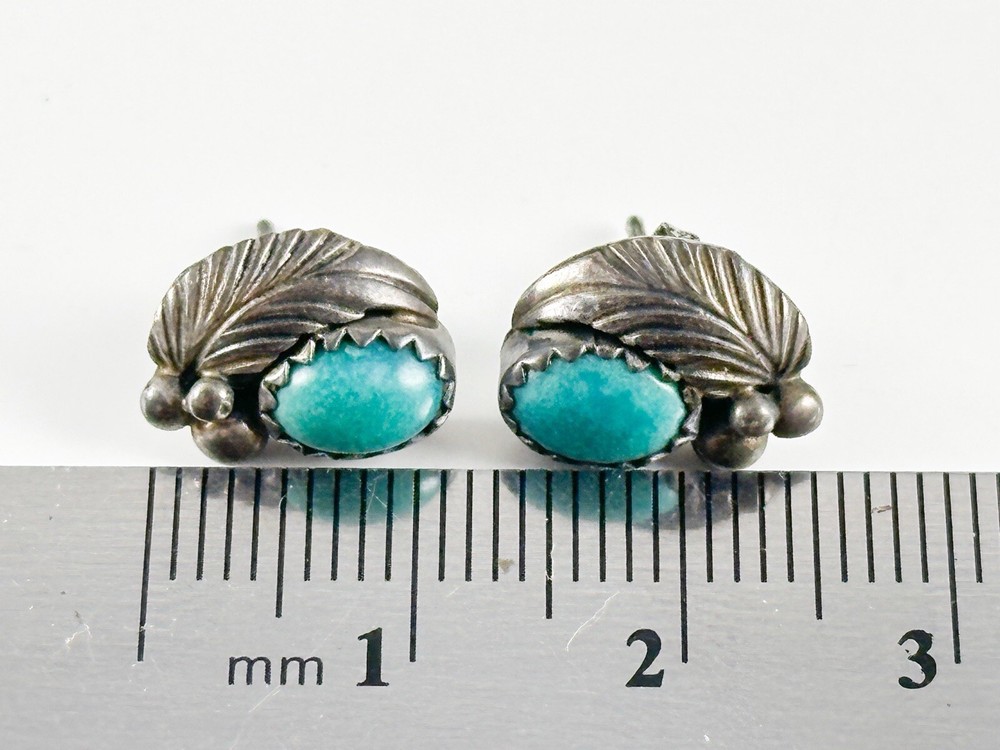 Post Native American Signed “K” Sterling Turquoise Earrings Feather Stud