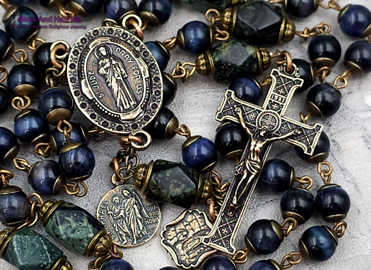 St Jude Raphael Lourdes Blue Tiger Eye Vintage Bronze Rosary
