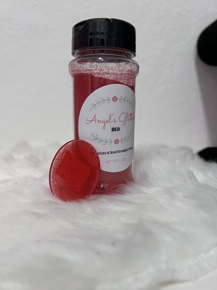 Red 1/128 Polyester glitter 2 oz in a shaker bottle