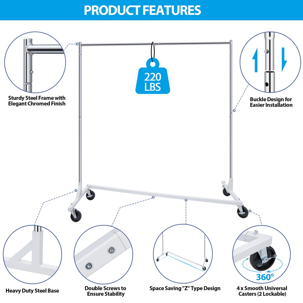 1/2 Compact Garment Rack Rolling Z-Base Storage Garment Hanging Clothes Shelf