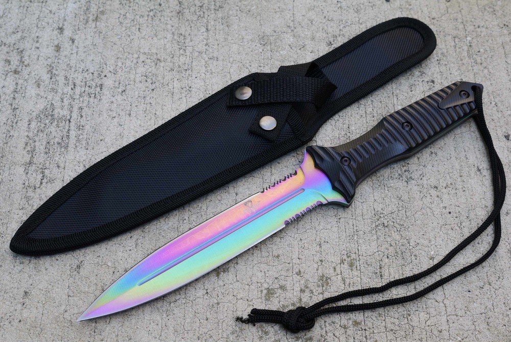13” Fixed Blade Knife Rainbow Spear Double Edge Full Tang Sharp Spear Point