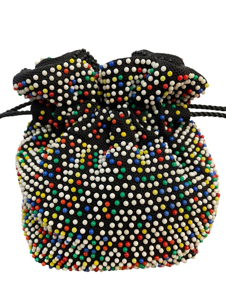 Vintage Multicolor Candy Dot Bubble Bead Reversible Pouch Satchel 7.25”Wx9”H