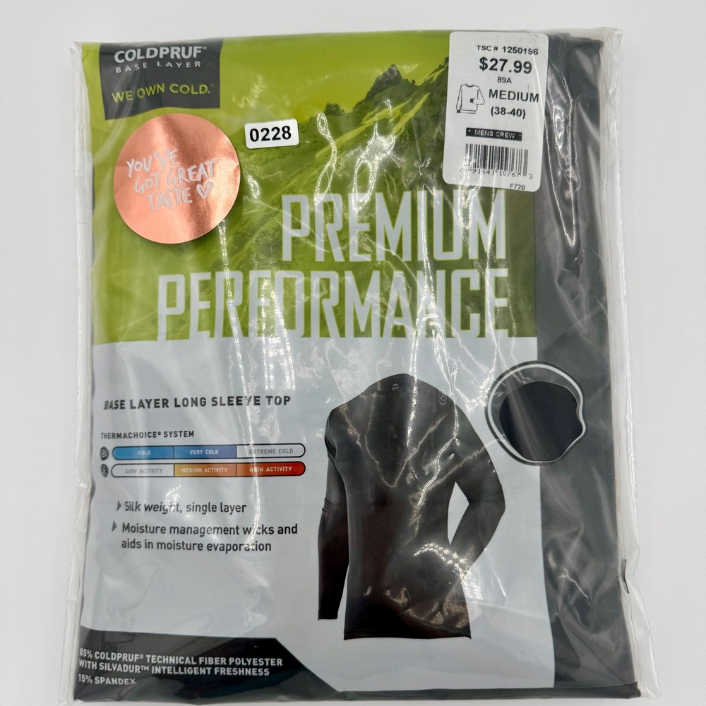 Coldpruf Premium Performance Base Layer Men's Size M Black Crew Neck Shirt