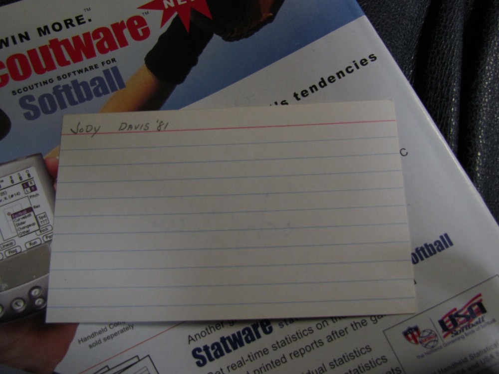 Jody Davis autographed index card