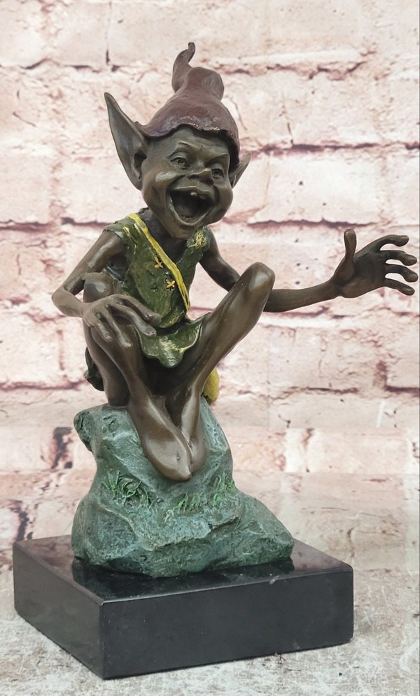 • Funny Goblin Bronze Statue on Marble Base Whimsical Elf Figurine