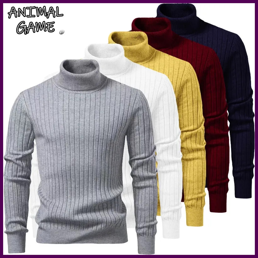 Men Turtleneck Stripe Knit Sweater Winter Warm Casual Pullover