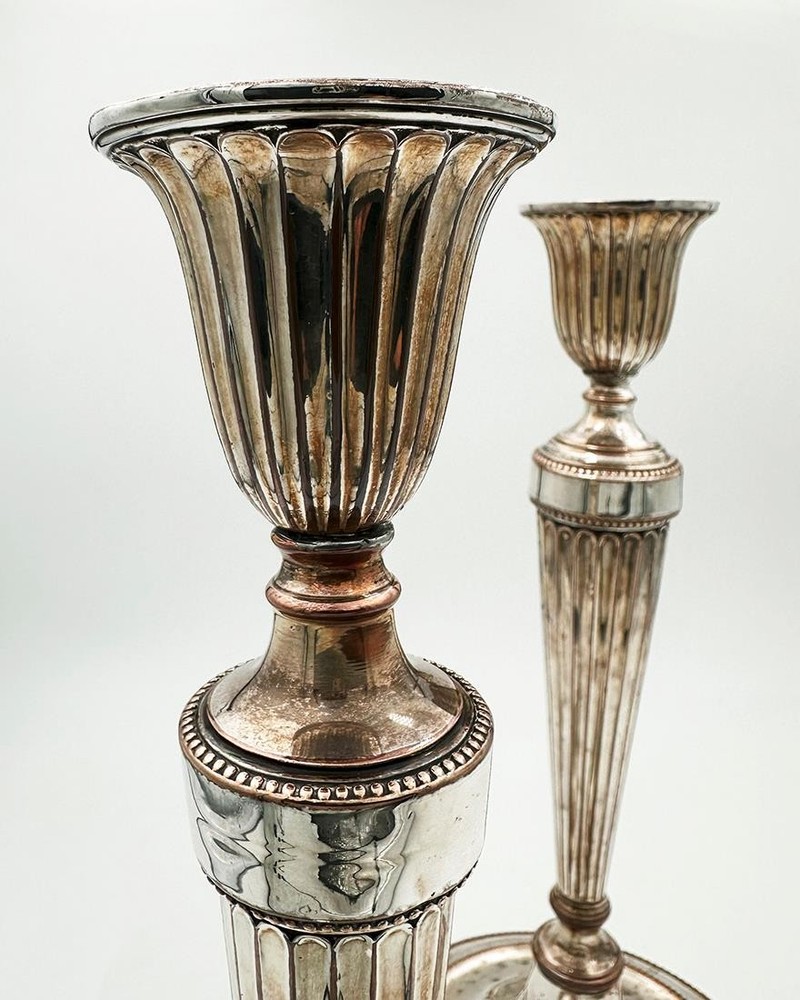 MATCHED PAIR CANDLESTICKS OLD SHEFFIELD PLATE GEORGE III c1785