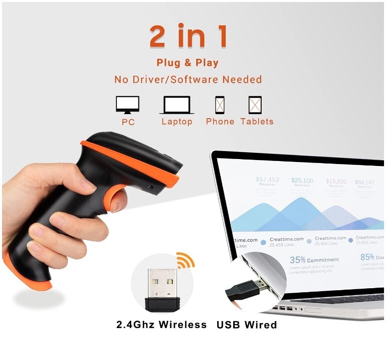 Tera Barcode Scanner Wireless and Wired Cordless Handheld 2D Orange