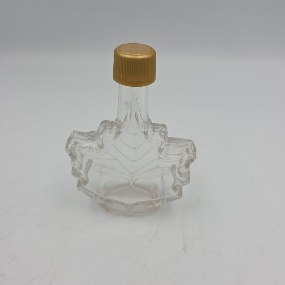 Vtg Maple Leaf Clear Glass Syrup Bottle w/Top Cap Lid Front Embossed Jar Empty