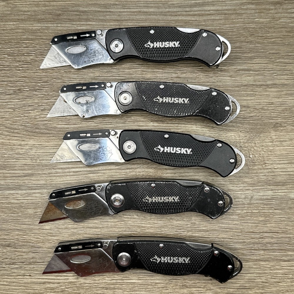 Lot D 5 Husky Black Folding Lockback Pocket Utility Knife Set, Box Cutter