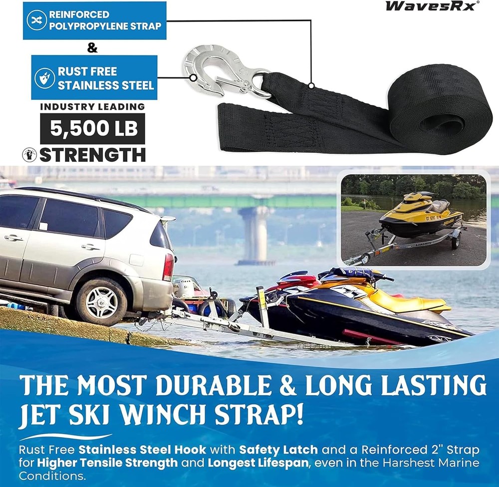 Boat & Jet Ski Trailer Winch Strap Replacement | Hook 2" x 12', Black