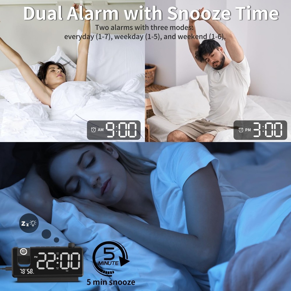 Projection Alarm Clock for Bedroom, Mirror Face Digital Small, Black