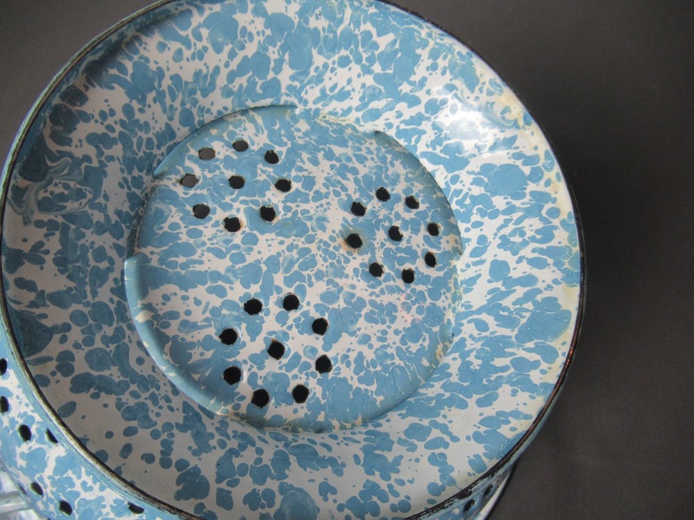 Enamelware Colander Light Blue & White Inside & Out - 2 Handles - 9 1/2" w - 242