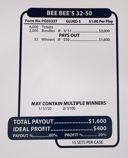 Pull Tab Ticket - Jar - Tickets Game - Bee Bee's $50 - 2,000 ct