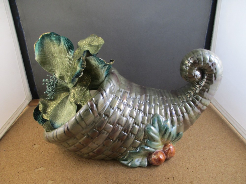 Green Ceramic Cornucopia Thanksgiving Table Decor & Silk Flower