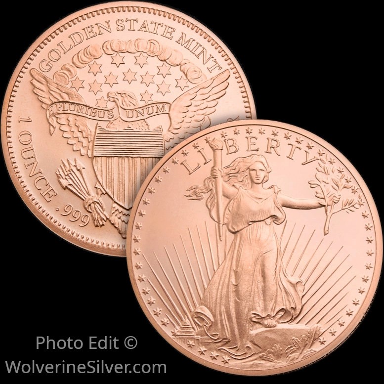 1 Oz. Solid .999 Fine Copper Round - Saint-Gaudens - Golden State Mint