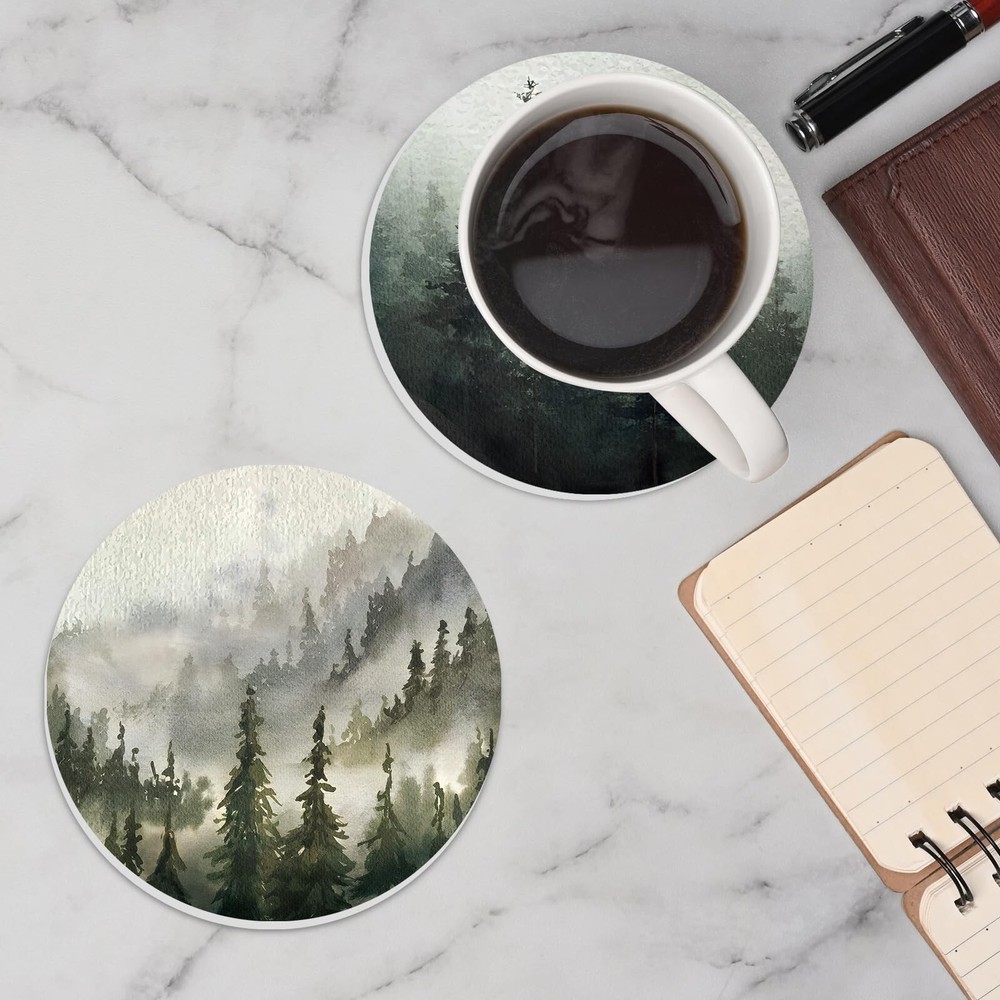 Whaline 6Pcs Forest Coasters with Holder Misty Forest Ceramic Drink Coasters ...
