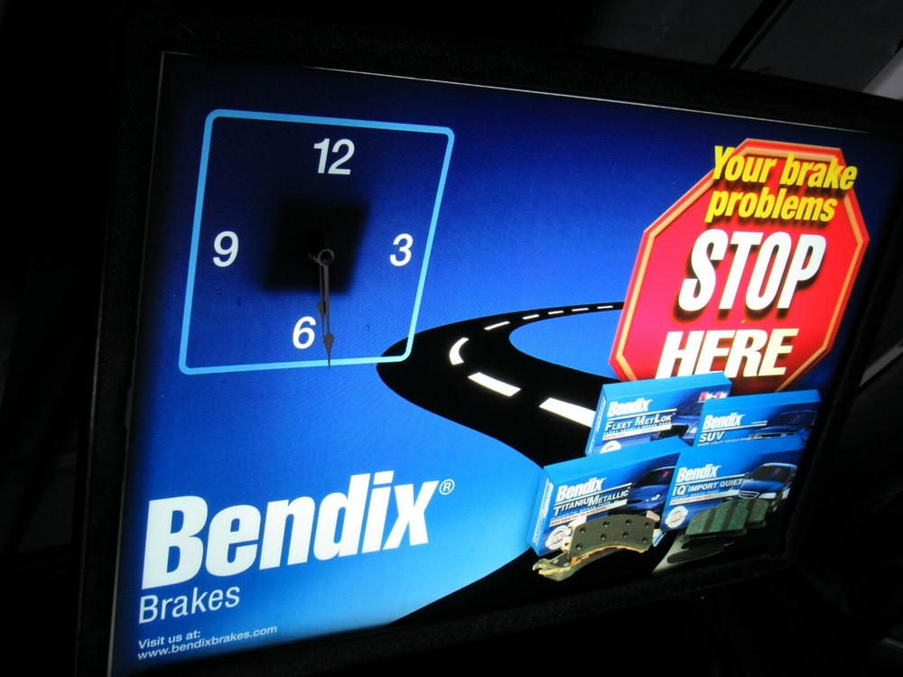 Large Bendix Stop Here Brakes Shop clock lighted plastic sign black frame