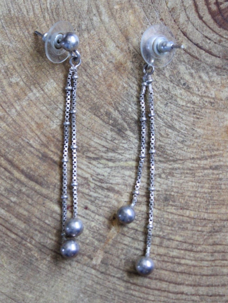 Double Stand Sterling Silver Box Chain & Ball Dangle Earrings