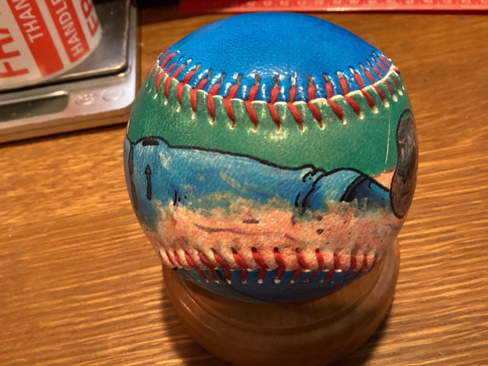 PITCHER AND SLIDING RUNNER PRINTED/PAINTED? ART ON BASEBALL