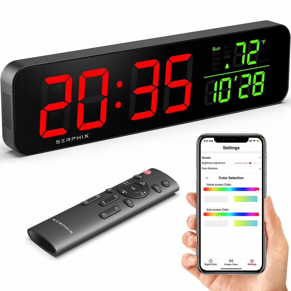 15.2" Gym Timer, App & Remote Control, Customizable LED Colors, Temperature, ...