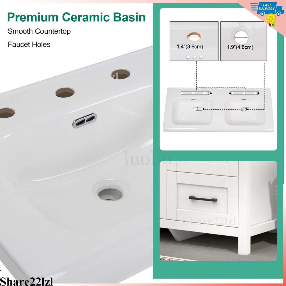 47" Bathroom Vanity Storage Cabinet with Double Ceramic Sink White Freestanding