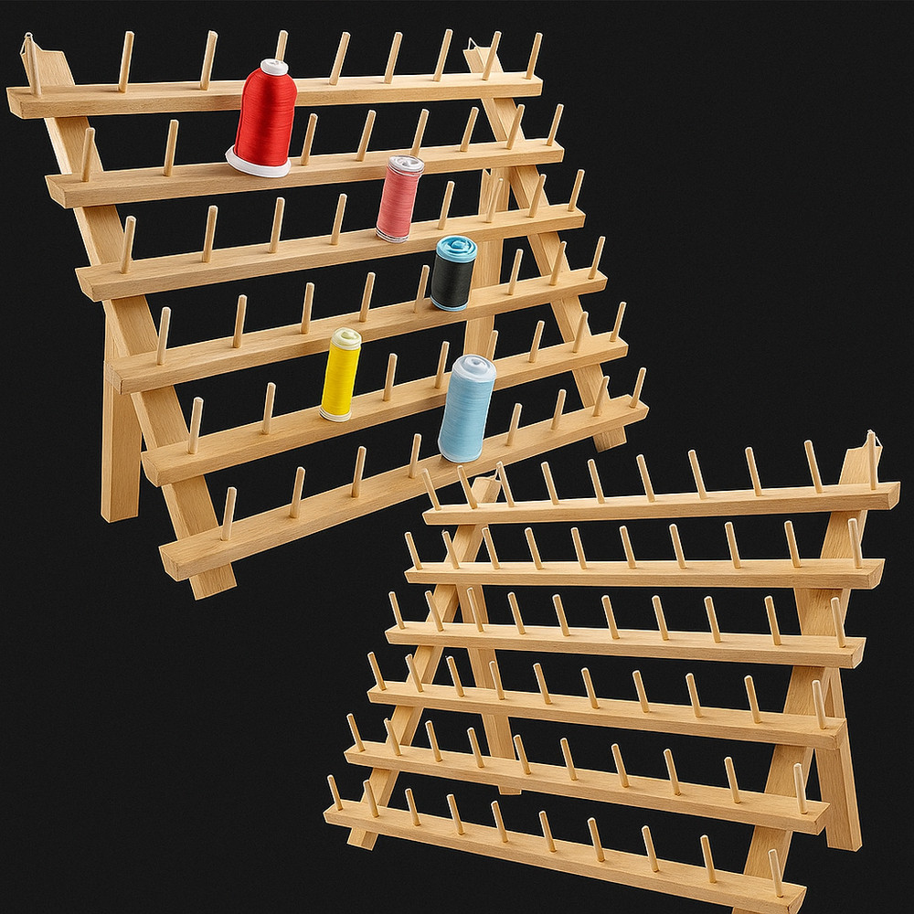 2×60 Spool Wooden Thread Rack Organizer with Hooks, Foldable Stand for Sewing
