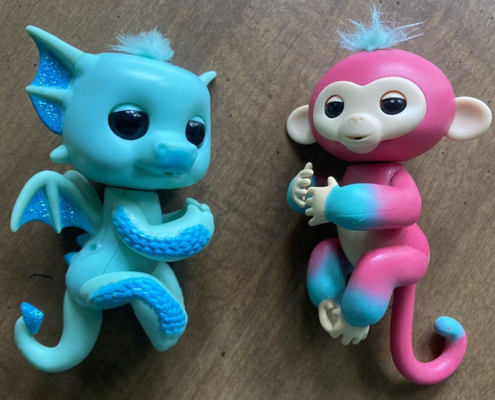 2 WowWee Fingerlings, Blue Dragon & Pink Monkey Tested & Working Electronic Pets