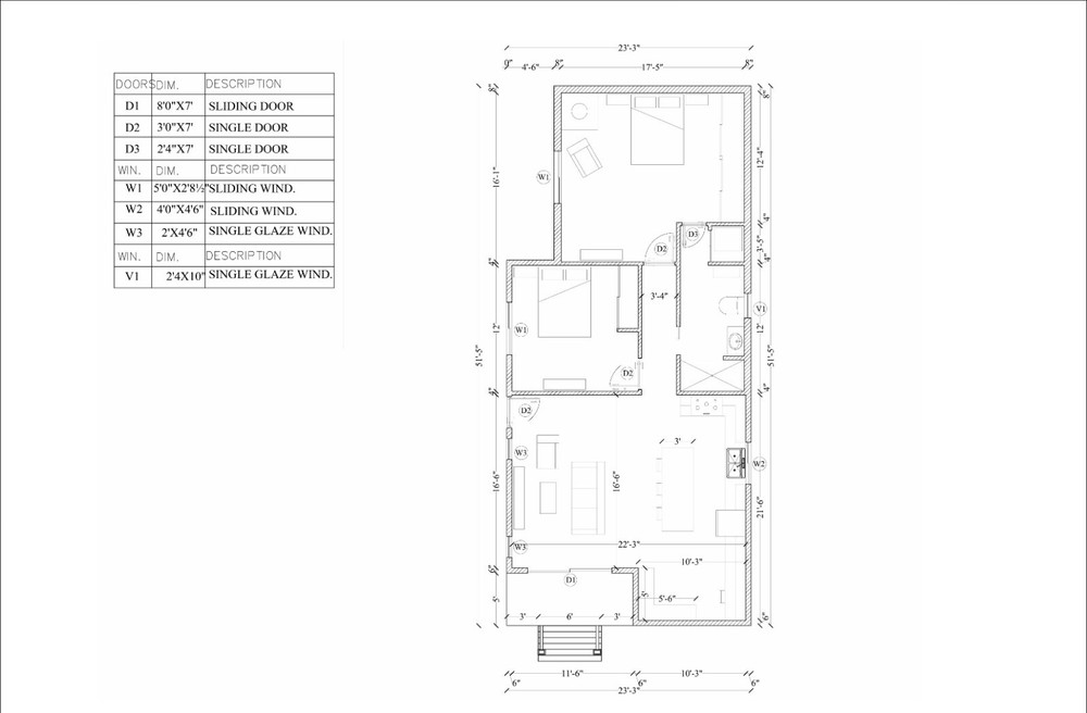 23x52’ Tiny Home Plans – 2 Bedrooms, 1 Bath