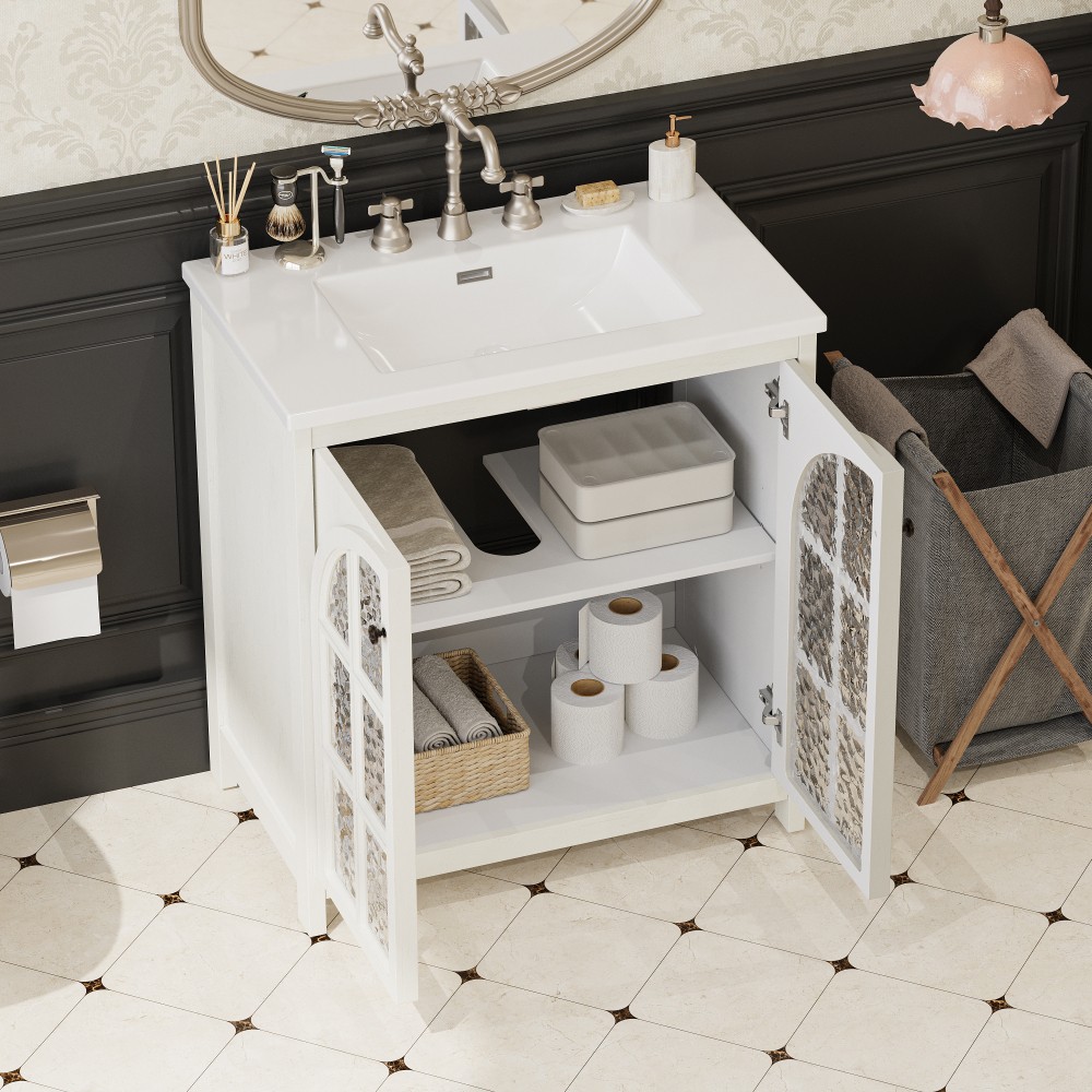 Bathroom Vanity with Ceramic Sink and Handles, Featuring Two Soft-Close Doors