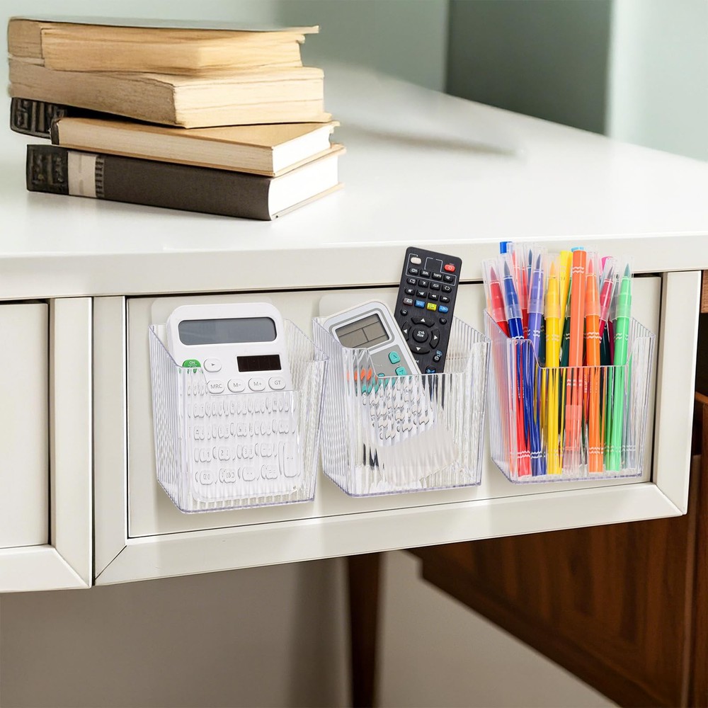 6 Pack Wall Mount Storage Bins, Plastic Clear Shower Basket Caddy with Self-A...