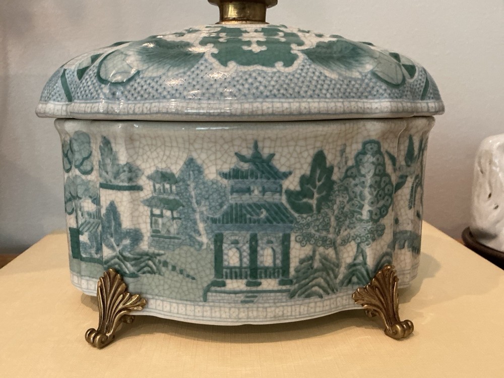 Turquoise Willow Chinoiserie Pattern Lidded Ormolu Oval Shaped Ceramic Box 9 in