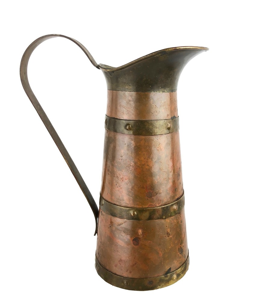 Vintage Copper & Brass Banded Pitcher 8.5"
